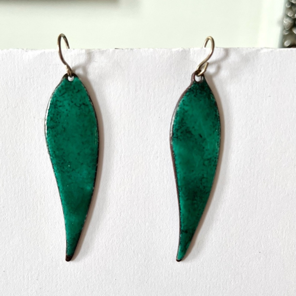 Green enameled earings earrings, silver wires. asymmetrical by Michelle DaRin.